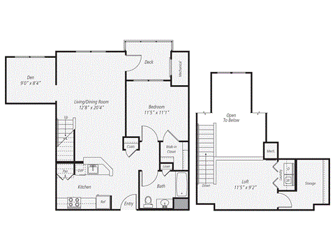 Floor plan for 1 bed, 1 bath, 1070 sqft