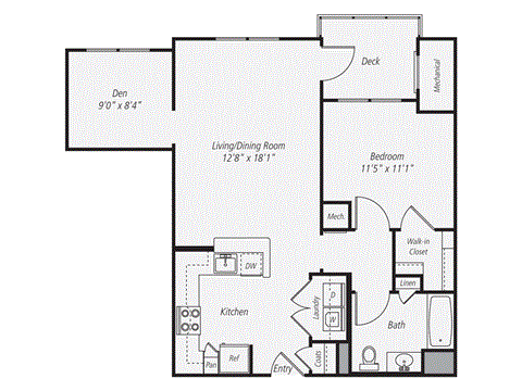 Floor plan for 1 bed, 1 bath, 795 sqft