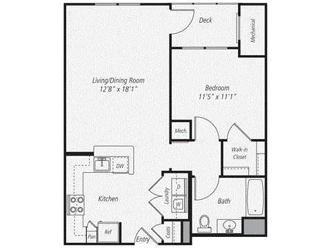 Floor plan for 1 bed, 1 bath, 701 sqft