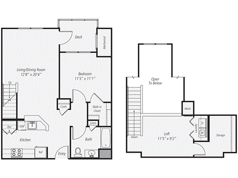 Floor plan for 1 bed, 1 bath, 985 sqft