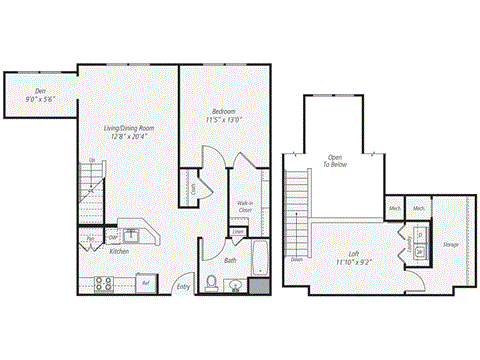 Floor plan for 1 bed, 1 bath, 1118 sqft