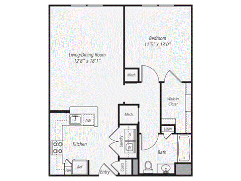 Floor plan for 1 bed, 1 bath, 754 sqft