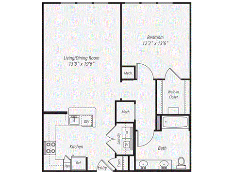 Floor plan for 1 bed, 1 bath, 838 sqft