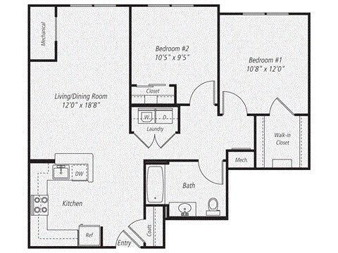 Floor plan for 2 beds, 1 bath, 897 sqft