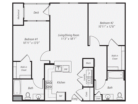 Floor plan for 2 beds, 2 baths, 995 sqft