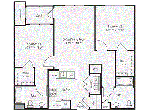 Floor plan for 2 beds, 2 baths, 999 sqft