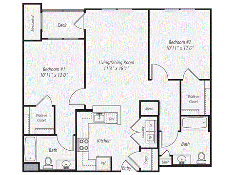 Floor plan for 2 beds, 2 baths, 989 sqft