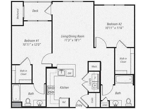 Floor plan for 2 beds, 2 baths, 984 sqft