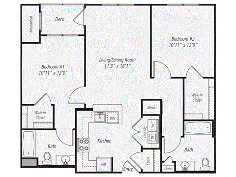 Floor plan for 2 beds, 2 baths, 986 sqft