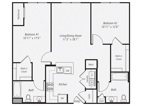 Floor plan for 2 beds, 2 baths, 1036 sqft