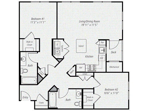 Floor plan for 2 beds, 2 baths, 1063 sqft