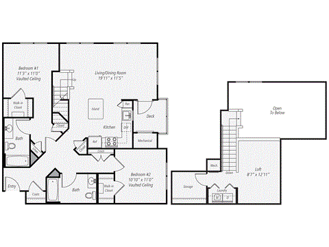 Floor plan for 2 beds, 2 baths, 1341 sqft
