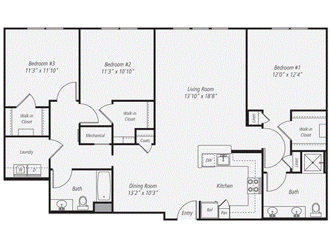 Floor plan for 3 beds, 2 baths, 1447 sqft