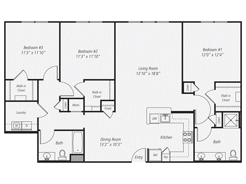 Floor plan for 3 beds, 2 baths, 1465 sqft
