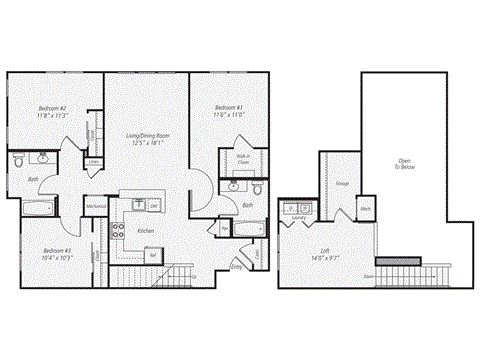 Floor plan for 3 beds, 2 baths, 1529 sqft