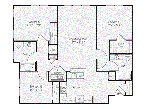 Floor plan for 3 beds, 2 baths, 1238 sqft