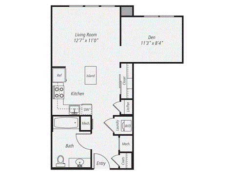 Floor plan for studio, 1 bath, 568 sqft