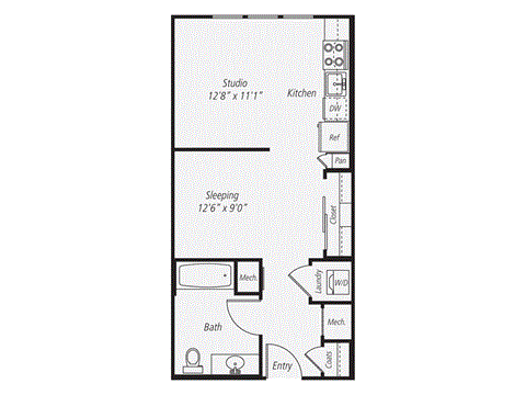 Floor plan for studio, 1 bath, 483 sqft
