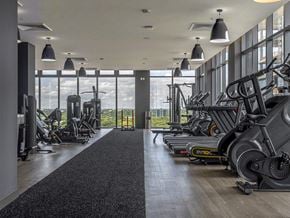 Miami apartment for rent - a fitness center with weights machines and a view of the city