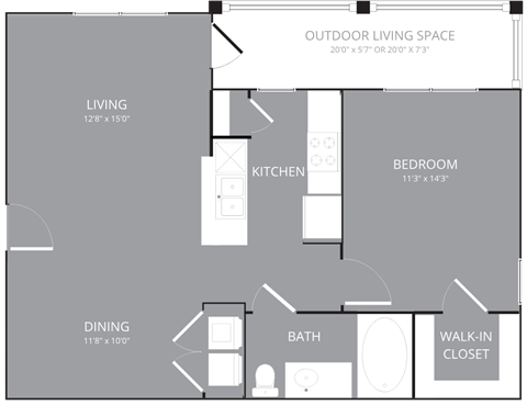 Floor plan for 1 bed, 1 bath, 726 sqft
