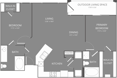 Floor plan for 2 beds, 2 baths, 1045 sqft
