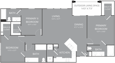 Floor plan for 3 beds, 3 baths, 1408 sqft