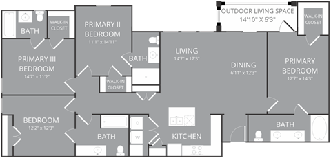 Floor plan for 4 beds, 4 baths, 1743 sqft