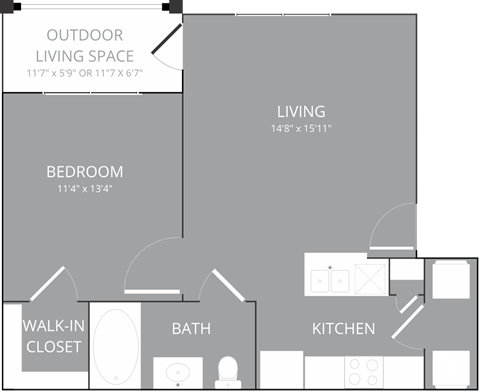 Floor plan for 1 bed, 1 bath, 652 sqft