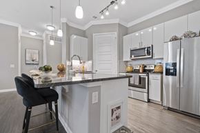Rowlett apartment for rent - A modern kitchen with a black chair and a marble countertop.