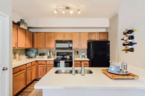 Round Rock apartment for rent - A kitchen with wooden cabinets and a black refrigerator.