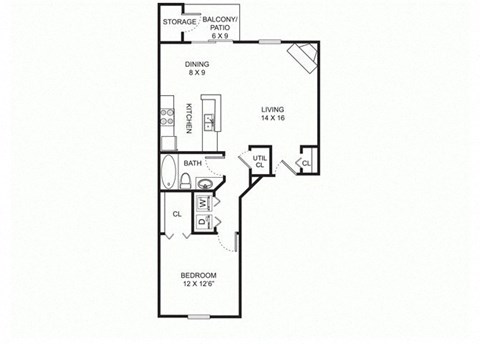 Floor plan for 1 bed, 1 bath, 800 sqft