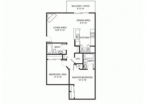 Floor plan for 2 beds, 2 baths, 1000 sqft