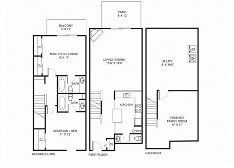 Floor plan for 2 beds, 2.5 baths, 1400 sqft