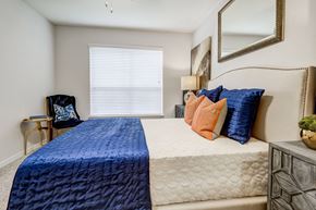Houston apartment for rent - A bedroom with a blue comforter and pillows.