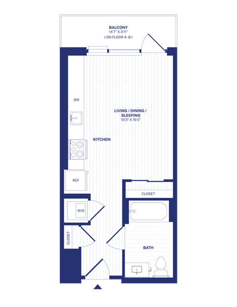 Floor plan for studio, 1 bath, 408 sqft