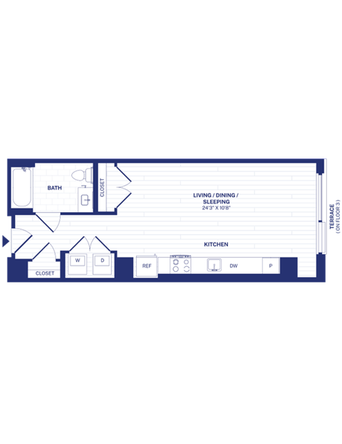 Floor plan for studio, 1 bath, 557 sqft