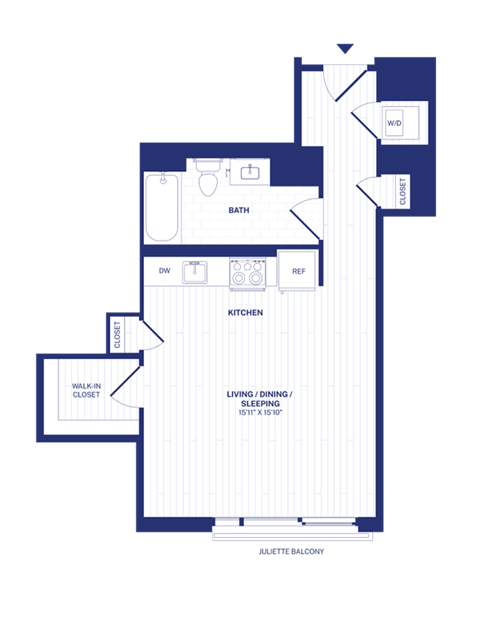 Floor plan for studio, 1 bath, 557 sqft