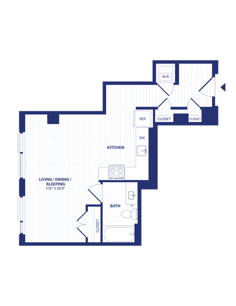 Floor plan for studio, 1 bath, 563 sqft
