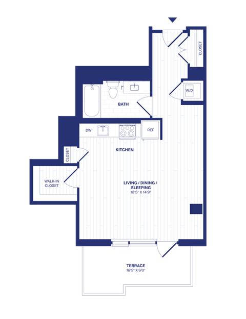 Floor plan for studio, 1 bath, 605 sqft