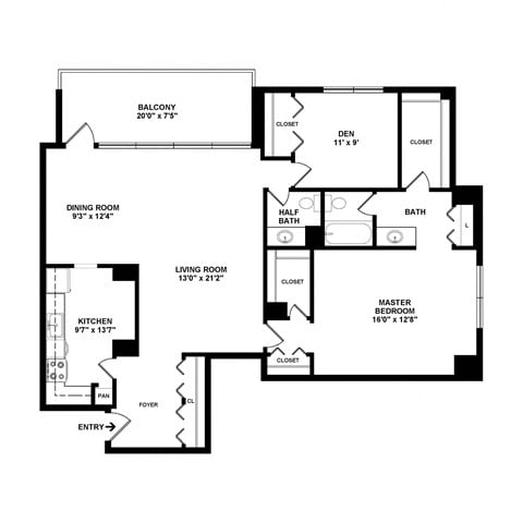 Floor plan for 2 beds, 1.5 baths, 1119 sqft