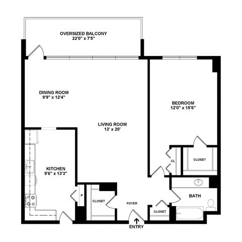Floor plan for 1 bed, 1 bath, 960 sqft