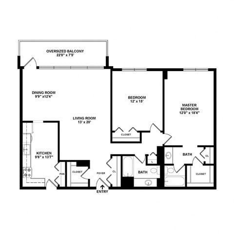 Floor plan for 2 beds, 2 baths, 1350 sqft