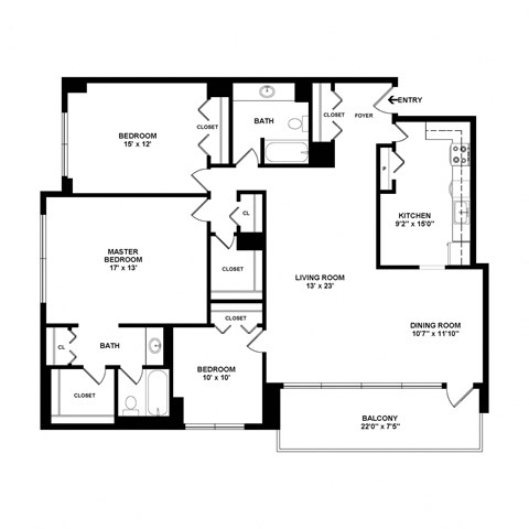 Floor plan for 3 beds, 2 baths, 1496 sqft