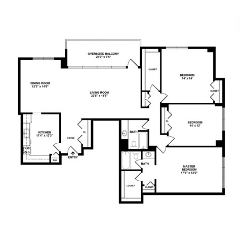 Floor plan for 3 beds, 2 baths, 1746 sqft