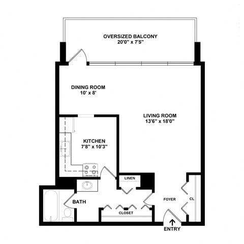 Floor plan for studio, 1 bath, 640 sqft
