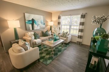 Grove City apartment for rent - A living room with a white couch and a green and white rug.