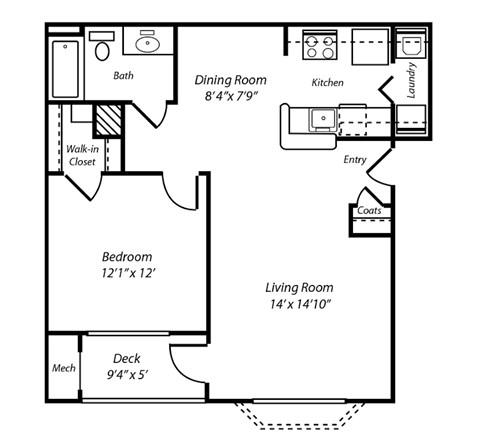 Floor plan for 1 bed, 1 bath, 755 sqft