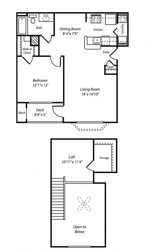 Floor plan for 1 bed, 1 bath, 901 sqft