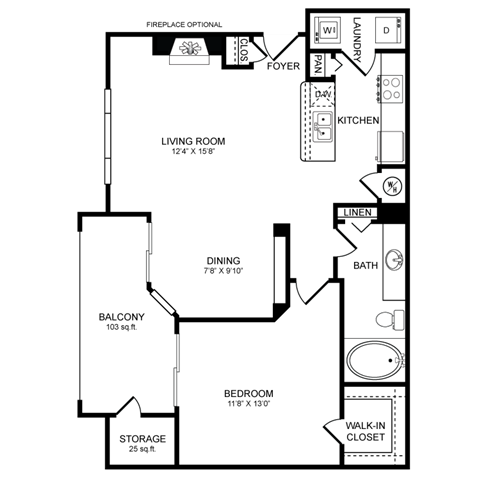 Floor plan for 1 bed, 1 bath, 785 sqft