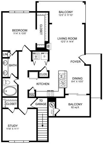 Floor plan for 1 bed, 1 bath, 1004 sqft